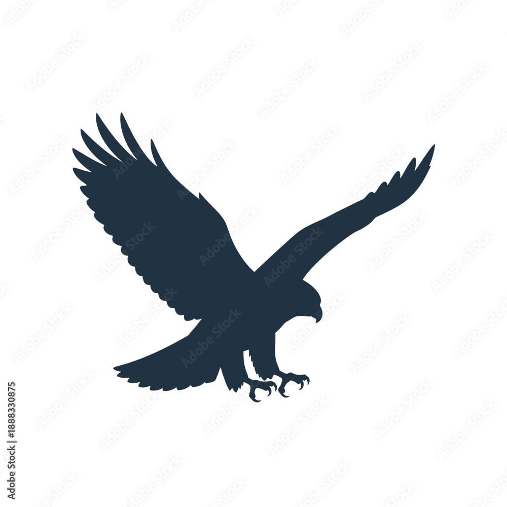 Fototapeta premium Dark silhouette of a soaring eagle with spread wings against a white background.