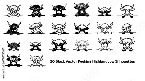 Collection of 20 Peeking Highland Cow Vector Set – Cute Farm Animals, Black Silhouette, EPS Vector Illustrations