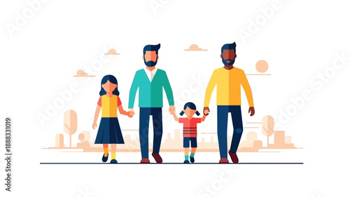 Gay Couple with Two Daughters Walking Together, Modern Family Illustration