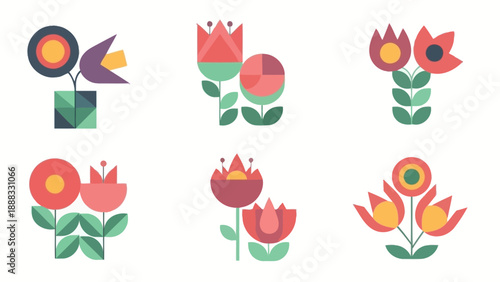 Geometric Flower Illustrations Set, Flat Design, Scandinavian Style