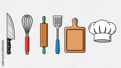Kitchen Utensils Set: Knife, Whisk, Rolling Pin, Spatula, Cutting Board, Chef Hat