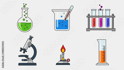 Laboratory Equipment Icons: Microscope, Beaker, Flask, Test Tubes, Burner