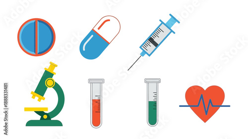 Medical Icons: Pills, Syringe, Microscope, Test Tubes, Heartbeat