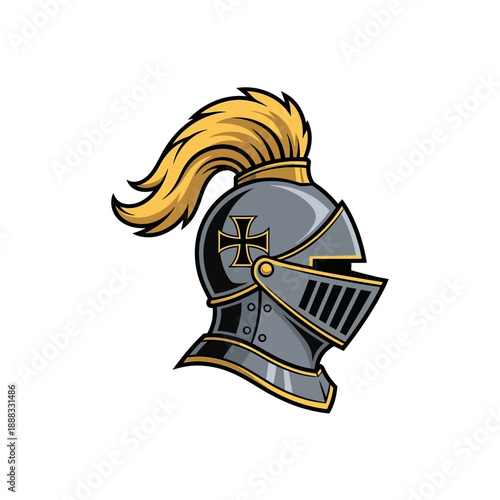 Medieval Knight Helmet Icon with Golden Plume and Cross Emblem