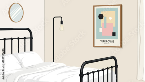 Minimalist Bedroom Interior with Metal Bed Frame, Abstract Art and Floor Lamp