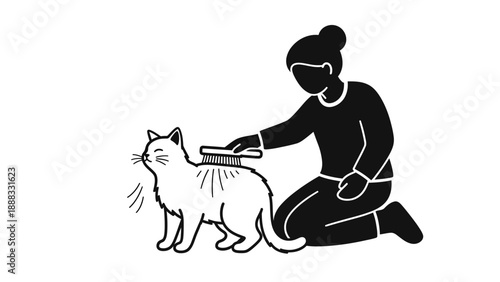 Person Brushing a Cat, Pet Grooming, Animal Care, Line Art