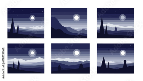 Pixel Art Night Landscape Set: Moonlit Mountains, Stars, Silhouettes