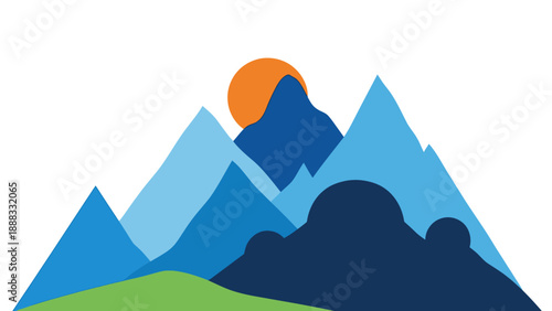 Stylized Mountain Landscape with Sun and Green Hills