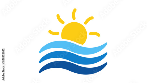 Stylized Sun Rising Over Blue Ocean Waves, Summer Weather Icon