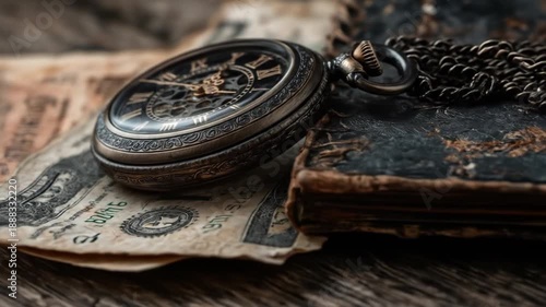 Vintage pocket watch on currency and aged book