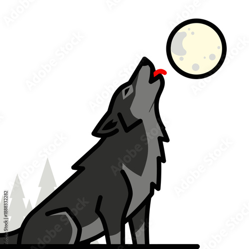 Wolf howling at the moon, full moon night, minimalist illustration, wild animal