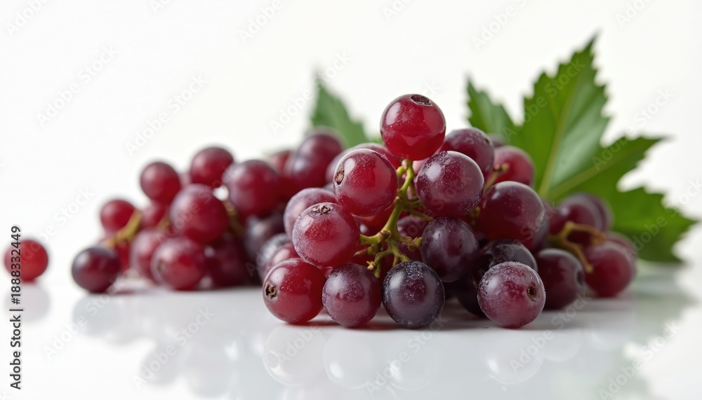 Fototapeta premium Red grapes with green leaves on white background. Fresh juicy berries close up isolated. Natural healthy fruit ingredient for food and drink.