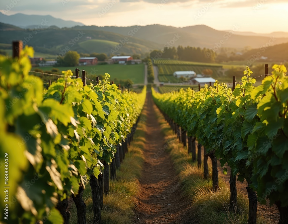 Obraz premium Rows of lush green grapevines stretch towards distant hills bathed in golden sunset light. A dirt path winds through the vineyard towards farm buildings and more fields under a vast sky.