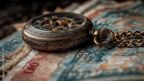 Vintage pocket watch with chain resting on currency with focus