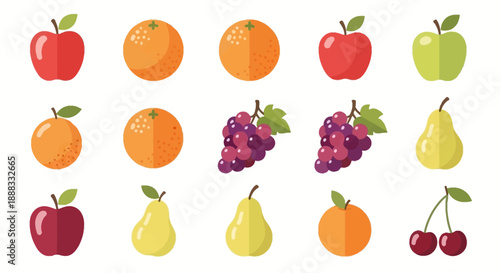 A colorful fruit illustration featuring a hand-drawn fruit doodle pattern with tropical fruits, including apples, oranges, pears, grapes, and cherries, on a white background, conveying a