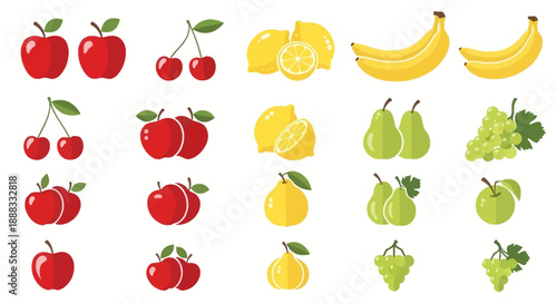 Colorful illustration of various fresh fruits including apples, cherries, bananas, lemons, pears, and grapes in a vibrant fruit pattern against a clean white background.