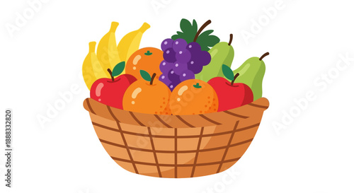 A colorful illustration of a wicker basket overflowing with a variety of fresh fruits, including bananas, apples, and grapes, against a clean white background, showcasing a vibrant fruit