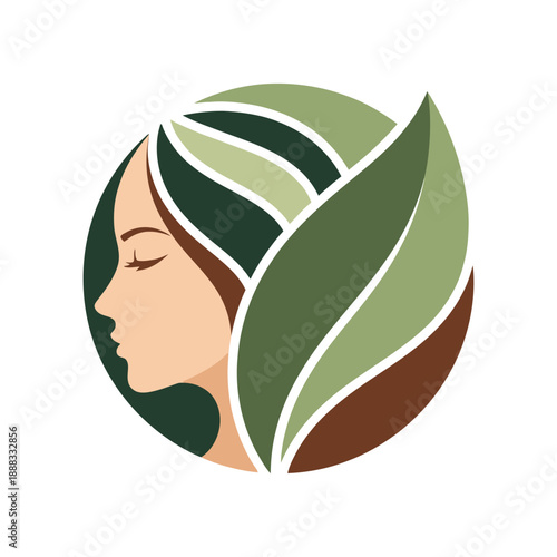 Beautiful woman profile logo enclosed in leaf circle for organic beauty and holistic health center