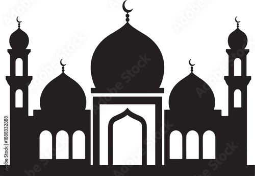 Black silhouette of a mosque with domes and minarets against a white background Islamic