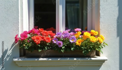 Colorful flowers bloom in a wooden window box outside a house on a bright sunny day. Pink, orange, purple, and yellow blooms create a vibrant garden scene. Green leaves provide contrast.