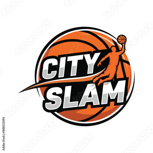 City slam basketball league logo design with player silhouette and large ball