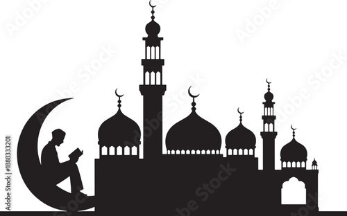 Silhouette of a man reading a book on a crescent moon with a mosque in the background