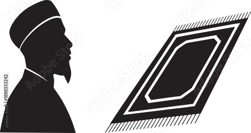 Silhouette of Muslim man in prayer cap facing a prayer rug with geometric pattern