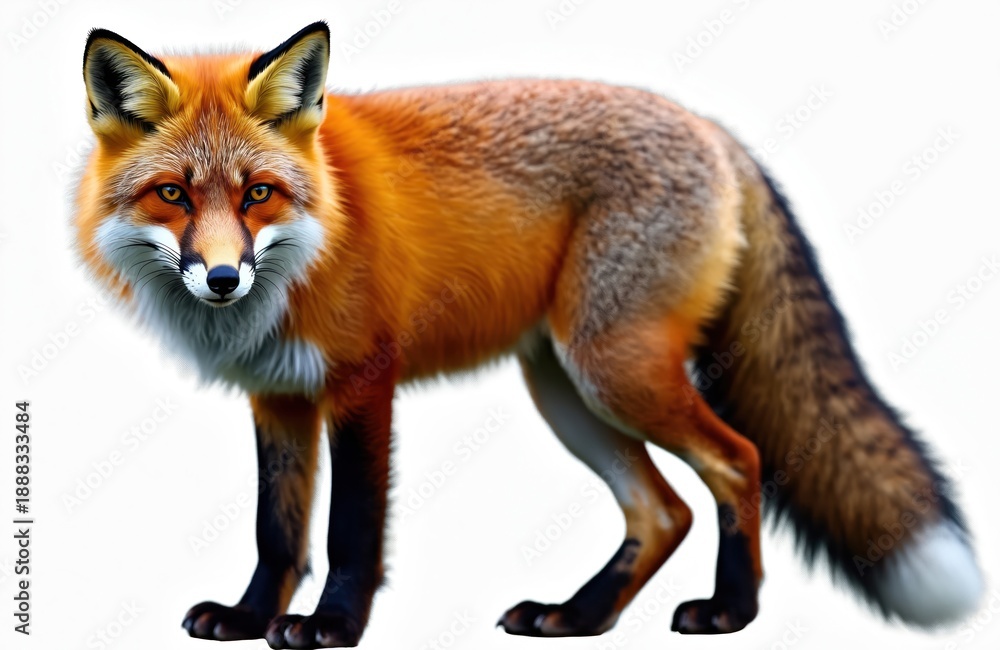 Naklejka premium Red fox stands on white background looking directly at viewer. This wild animal has orange fur with black legs and a bushy tail. Its eyes show alertness.
