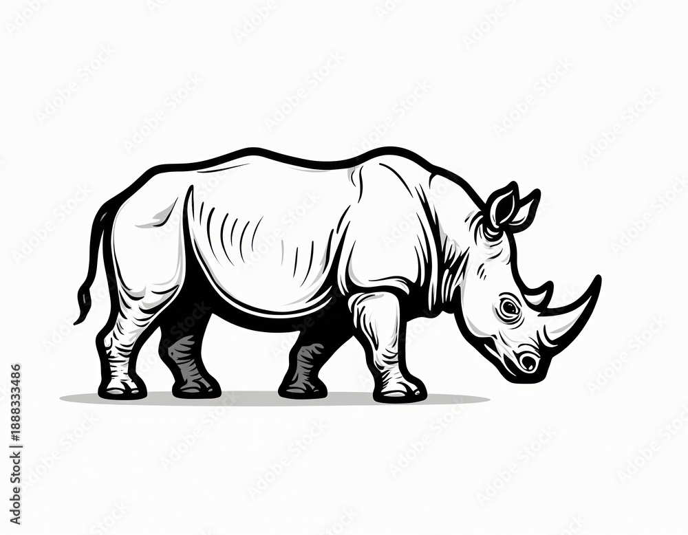 Obraz premium Line art rhino silhouette stands on white background. This large mammal has a horn and thick skin. Animal illustration great for conservation, nature, or zoo themes.