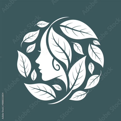 Woman face profile embraced by leaves in circular arrangement logo