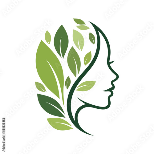 Woman face with leaves as hair vector illustration, beauty and spa logo template