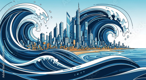 Large ocean waves crash against futuristic city skyline with skyscrapers on sandy beach