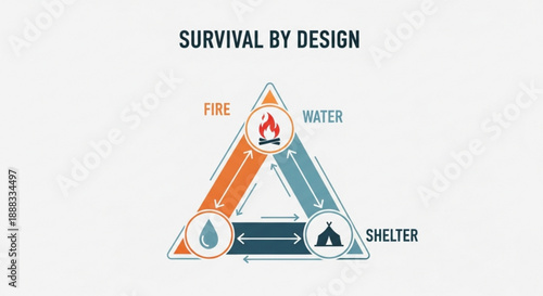 Survival by design concept with fire water and shelter in a triangular diagram for wilderness or emergency preparedness