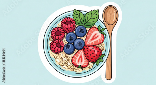 Colorful bowl of oatmeal with fresh strawberries blueberries raspberries and a wooden spoon on a light blue background