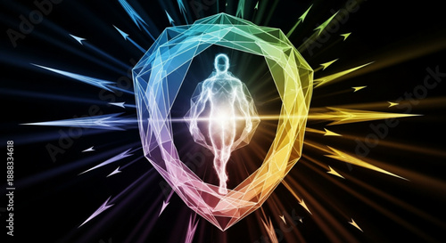 Glowing human silhouette inside a radiant crystal shield with colorful energy beams on black background symbolizing protection and spiritual