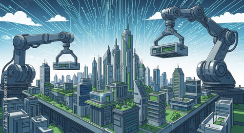 Robotic arms construct futuristic cityscape with skyscrapers greenery and cloudy sky