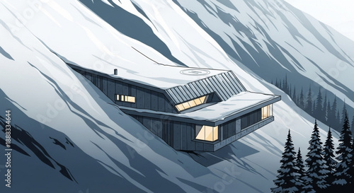 Modern snow covered cabin on mountain slope with pine trees and warm interior lighting in winter