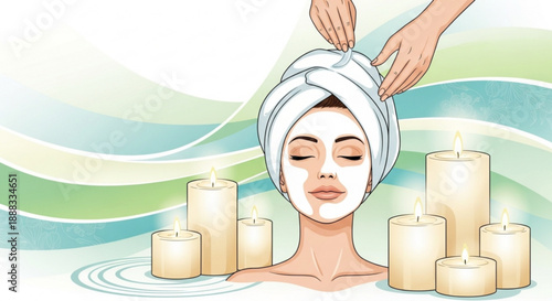 Woman relaxing with facial mask and candles in spa serene ambiance for wellness and self care routine