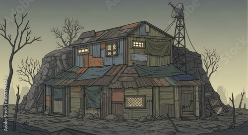 Abandoned mining shack on rocky hill with windmill bare trees and dilapidated exterior in a desolate landscape