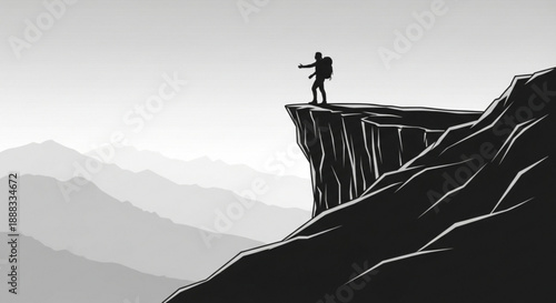 Hiker standing on cliff edge with backpack looking out at mountain range landscape
