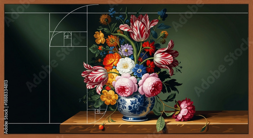 Vibrant bouquet of assorted flowers in a blue and white vase on a wooden table with a green background and geometric lines