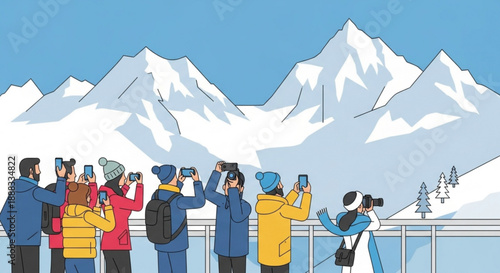 Tourists taking photos of snowy mountains with their smartphones and cameras on a scenic winter vacation