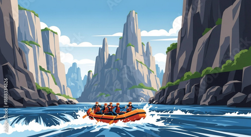 People on orange raft navigating through rugged canyon waterway with steep cliffs and blue sky
