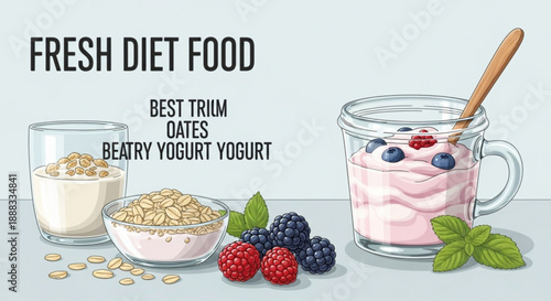 Healthy breakfast food with yogurt oats and berries on a clean background