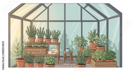 Cozy greenhouse interior with cat lounging among lush potted plants on wooden shelves