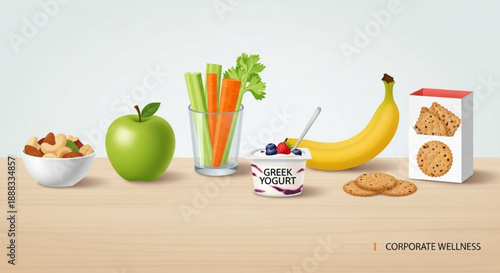 Healthy snack foods on a wooden table with fruits and yogurt