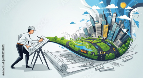 Architect designs urban cityscape with green spaces on blueprint