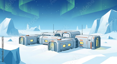 Futuristic space station modules on icy alien landscape with glowing windows and aurora