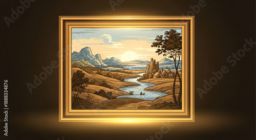 Golden framed landscape painting of serene river valley with mountains at sunset