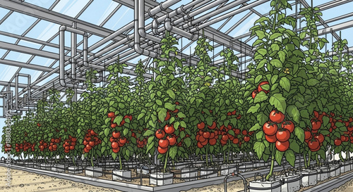 Tomato plants with ripe red tomatoes growing in a modern industrial greenhouse with metal frame and glass roof panels